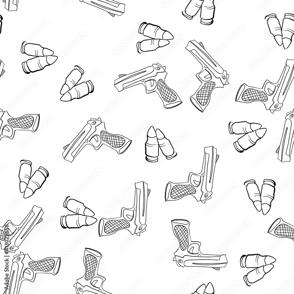 Poster Seamless pattern with pistols and bullets. Vector doodles background