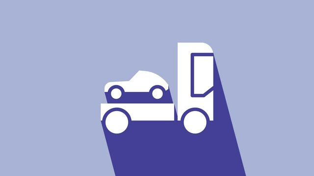 White Car transporter truck for transportation of car icon isolated on purple background. 4K Video motion graphic animation