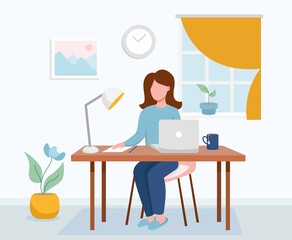 Work at home concept design. Freelance woman working on laptop at her house, dressed in home clothes. Vector illustration. Online study, education.