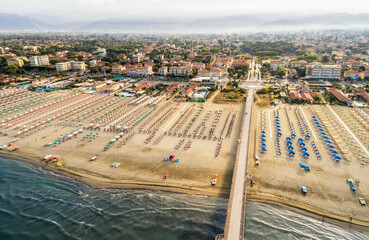 Aerial view of the Marina di Pietrasanta beach in the early morning, Tuscany, Italy.