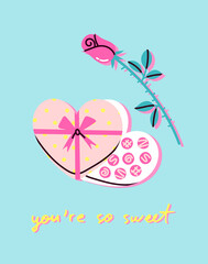 Romantic vector illustration of a Valentine's Day heart-shaped box of chocolate and a rose. Lover's gift concept in colorful modern style. Postcard, banner or a poster design. Elements are isolated.