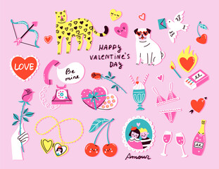 Fototapeta na wymiar Valentines day vector illustration in cute trendy style. Design elements for romantic concept. Colorful hand drawn pug, leopard, cherries, roses and hearts for love day celebration.