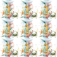 Obraz na płótnie Canvas Watercolor underwater seamless pattern of seahorse, crab, coral and starfish. Hand painted animals and plant isolated on white background. Aquatic illustration for design, print or background.