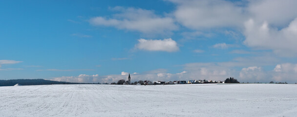 Winter Panorama landscape in agriculture nature with blue sky