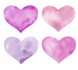 Collection of hand painted purple hearts isolated on white. Watercolor clipart.