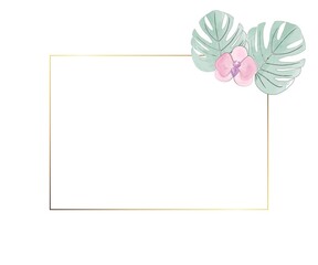 Palm tree leaves and orchids golden frame. Elegant tropical greeting card in pastel colors, watercolor effect, vector
