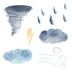 Watercolor clipart set with weather elements. Tornato, cloud, wind, lighting bolt, raindrops painting. - 413029804