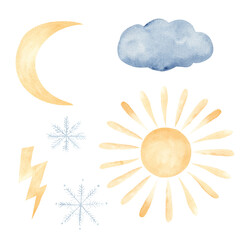 Watercolor sun, moon, cloud, lighting bolt, snowflakes. Hand painted weather elements clipart set.