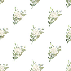 White flowers watercolor digital paper. Seamless pattern illustration.