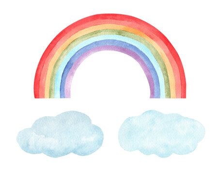 Rainbow and clouds watercolor clipart. Hand painted illustration. Graphics for kids decor, invitations, wall art.