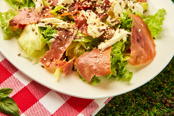 Salad with roasted ham and prosciutto on green grass background