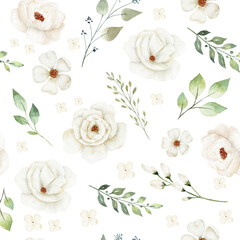 Watercolor white flowers digital paper. Hand painted clipart. Floral illustration for textile, fabric, invitation.
