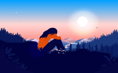 Sad woman outdoors - Girl in grief sitting with head in hands in nature landscape. Unhappy and sadness concept. Vector illustration.