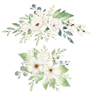 Watercolor Floral Clipart With White Flowers And Greenery Leaves.