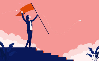 Career woman taking steps to success - climbing the corporate ladder and waving flag on top. Vector illustration.