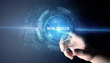 Hand touching NEW CAREER button, modern business technology concept