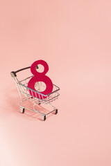 8 march sale banner. Copy space. Number in shopping cart. International women day discount. Vertical orientation 