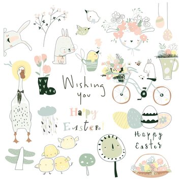 Cartoon Easter set with flowers ,easter eggs and rabbits
