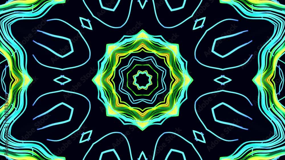 Poster pattern as flower or star. 4k abstract looped bg with grows rainbow colors lines pattern like symmet