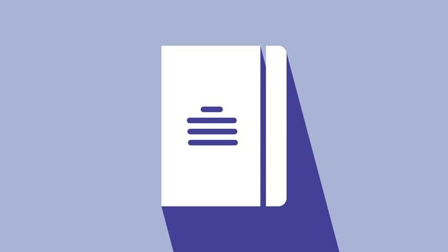 White Notebook icon isolated on purple background. Spiral notepad icon. School notebook. Writing pad. Diary for school. 4K Video motion graphic animation