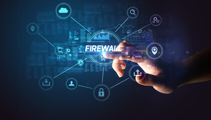 Hand touching FIREWALL inscription, Cybersecurity concept