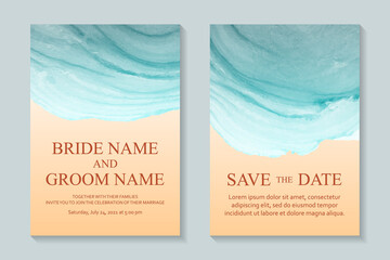 Modern abstract wedding invitation design or card templates for birthday greeting or certificate or cover with watercolor sea waves or fluid art in alcohol ink style on a yellow sand background.