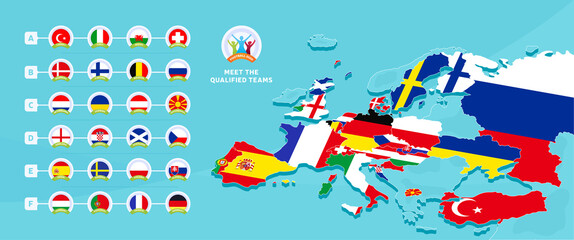 European 2020 football championship Vector illustration with a map of Europe with highlighted countries flag that qualified to final stage and logo sign on blue background