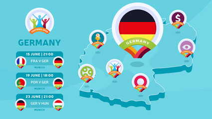 Germany natioanal team matches on Isometric map vector illustration. Football 2020 tournament final stage infographic and country info. Official championship colors and style