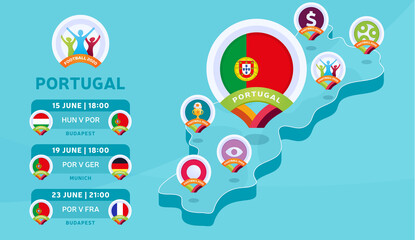 Portugal natioanal team matches on Isometric map vector illustration. Football 2020 tournament final stage infographic and country info. Official championship colors and style