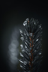 Dark, moody and desaturated macro of a spruce branch with needles. Frozen drops on the tip of the needles. Bokeh bubbles in the background