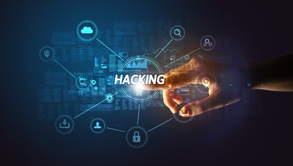 Obraz premium Hand touching HACKING inscription, Cybersecurity concept