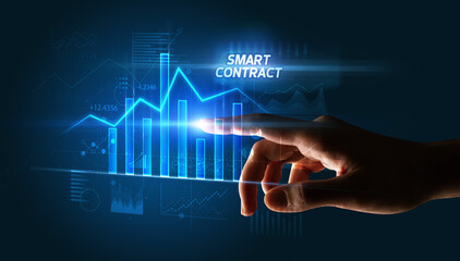 Hand touching SMART CONTRACT button, business concept