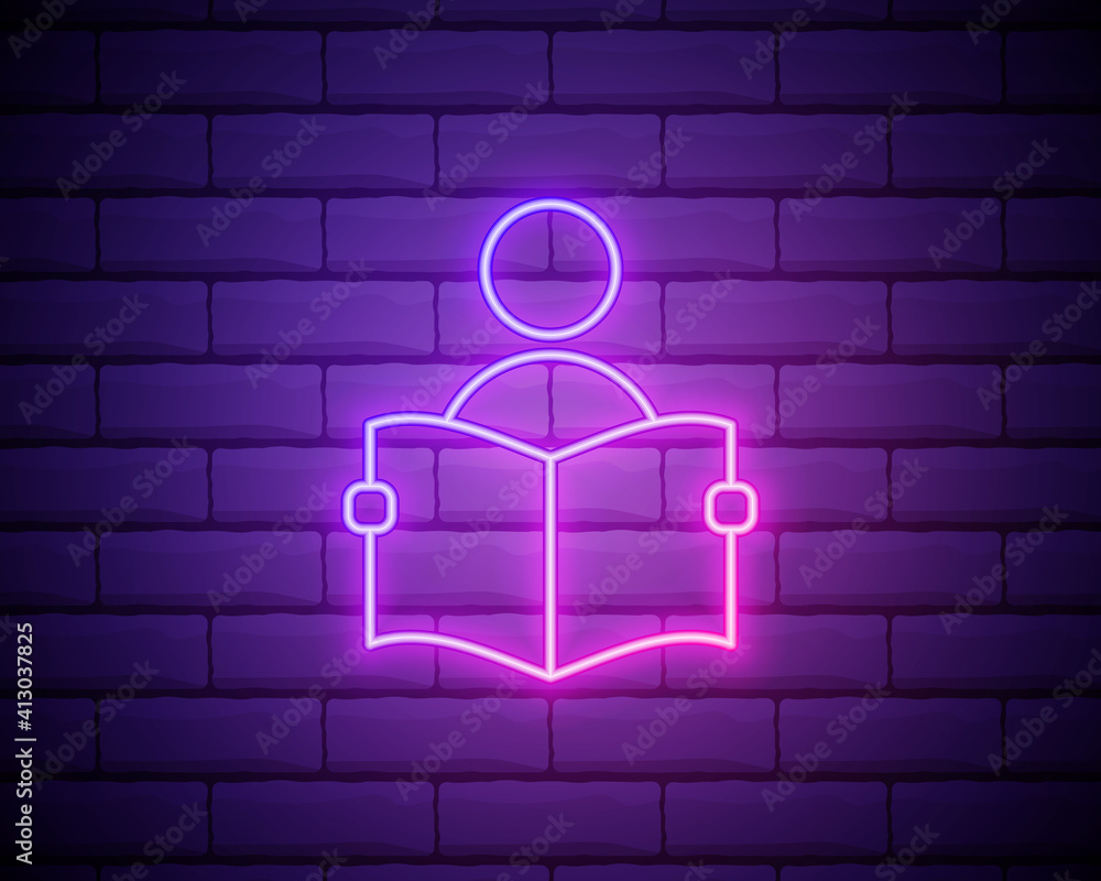 Poster a man with an open book icon. elements of books and magazines in neon style icons. simple icon for w