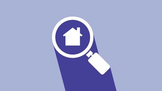 White Search house icon isolated on purple background. Real estate symbol of a house under magnifying glass. 4K Video motion graphic animation