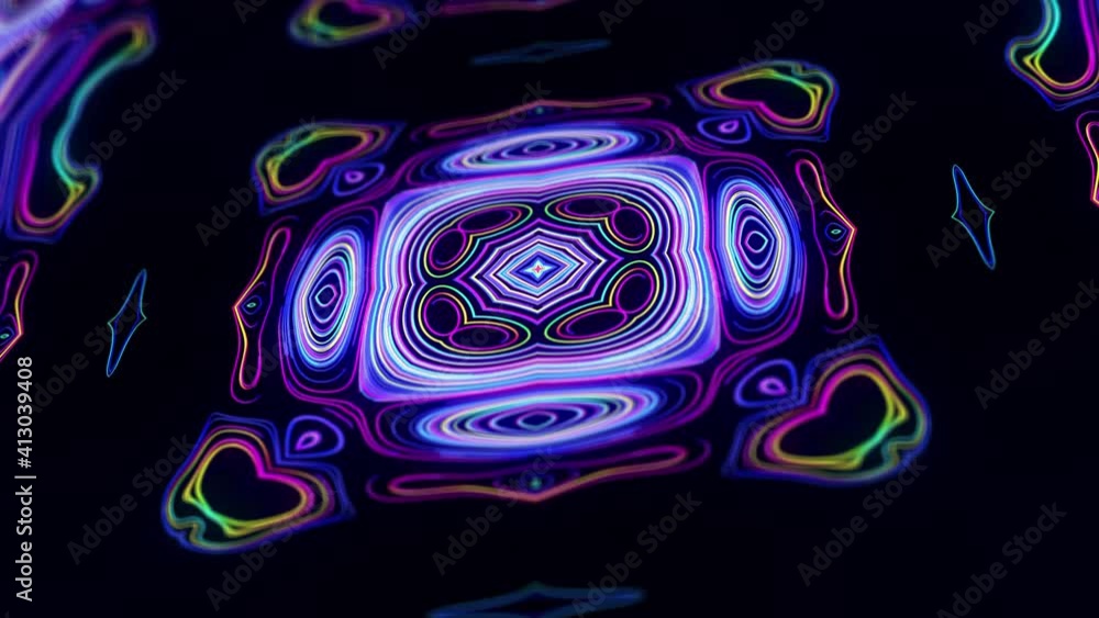 Poster pattern as flower or star. 4k abstract looped bg with grows rainbow colors lines pattern like symmet