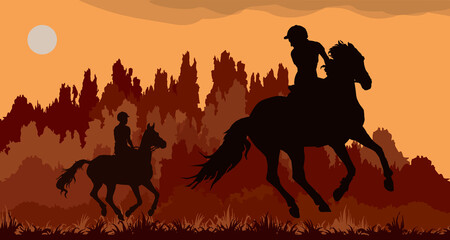 girl rides horse in field, on grass, isolated image, black isolated silhouette on orange background, forest, clouds