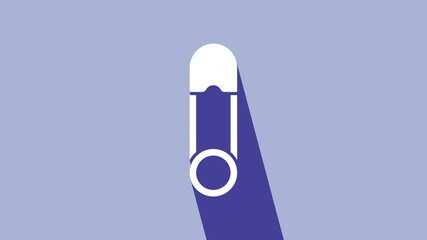 White Classic closed steel safety pin icon isolated on purple background. 4K Video motion graphic animation - Powered by Adobe