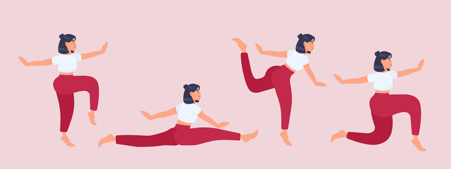 Set of vector silhouettes of woman doing yoga exercises. Colored icons of a girl in many different yoga poses isolated on pink background. Yoga complex. Fitness workout.