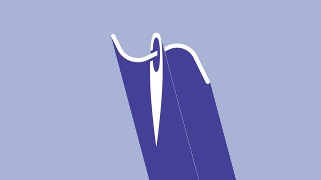 White Needle for sewing with thread icon isolated on purple background. Tailor symbol. Textile sew up craft sign. Embroidery tool. 4K Video motion graphic animation