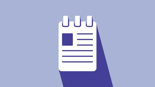 White Notebook icon isolated on purple background. Spiral notepad icon. School notebook. Writing pad. Diary for school. 4K Video motion graphic animation