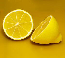 Two lemon halves on a yellow background