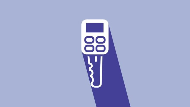 White Car key with remote icon isolated on purple background. Car key and alarm system. 4K Video motion graphic animation