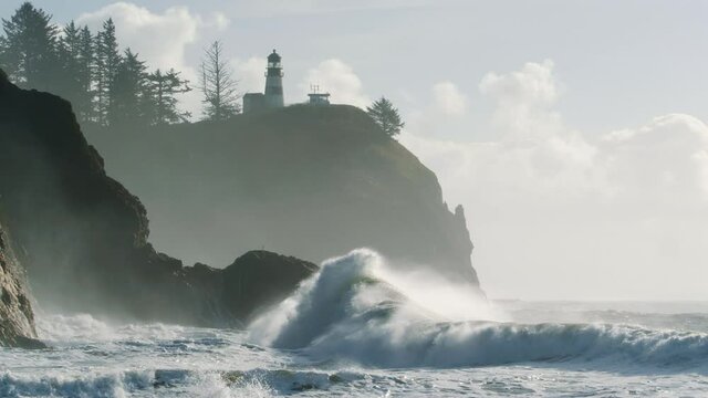 Powerful Waves Crashing Washington Coast with Cape Disappointment Lighthouse