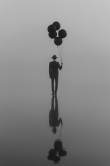 surreal single man in a suit with a hat with balloons in his hand on the water