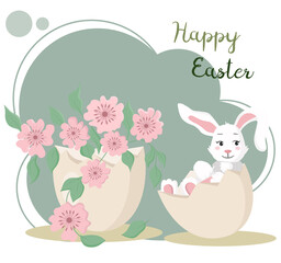 Flat style. Illustration Happy Easter. Easter rabbit sitting in the egg. There are flowers in another egg shell. You can use it for greeting cards or another Easter decorations.
