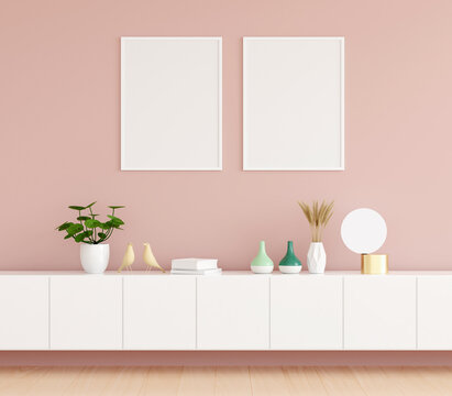 Sideboard in pink living room with frame mockup, 3D rendering