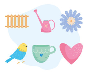 watering can and spring icon set, colorful design