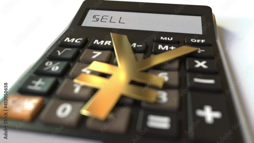 Poster yen money symbol on the keys and sell text on calculator display, conceptual 3d animation
