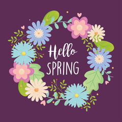 hello spring design with wreath of flowers, colorful design