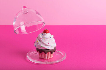 Creative minimal concept made of cupcake with colorful sugar decoration under glass cover on pink  background.